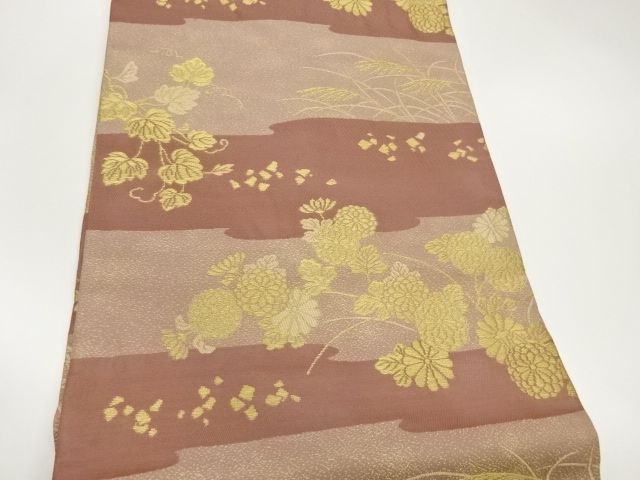  変わり横段に草花模様織出し名古屋帯